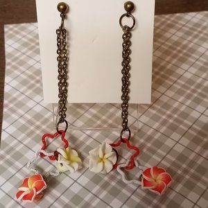 Home made/handmade Metal Dangle Stud Earrings with Acrylic Flowers Metal Rings